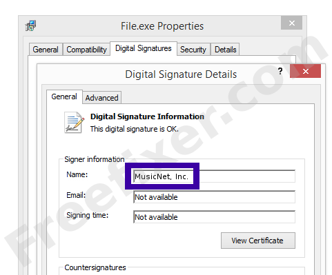 Screenshot of the MusicNet, Inc. certificate